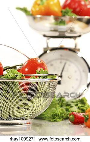 Stock Image - "Vegetables, food basket and kitchen scale on white background". Fotosearch