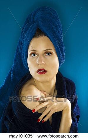 woman wearing bathrobe with big towel over her head View Large Photo Image Stock Image - woman wearing bathrobe with big towel over her head. Fotosearch