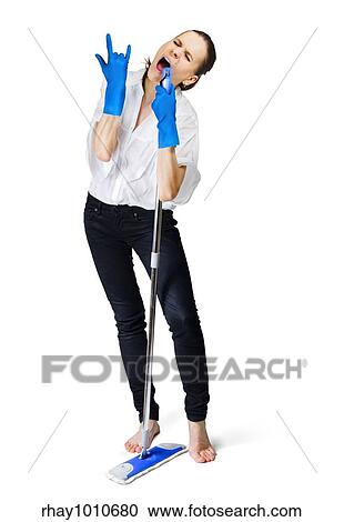 young woman in rubber glowes and mop singing isolated on white with path View Large Photo Image Stock Image - young woman in rubber glowes and mop singing isolated on white with path. Fotosearch