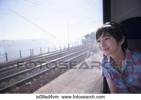 Picture - Boy looking out of train window. Fotosearch