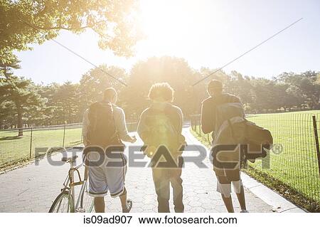Young men walking in park, one pushing bike View Large Photo Image Stock Photo - Young men walking in park, one pushing bike. Fotosearch