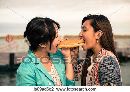Young women biting opposite ends of sandwich View Large Photo Image Stock Image - Young women biting opposite ends of sandwich. Fotosearch