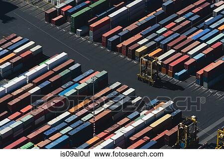 Stock Image - Aerial view of angled cargo containers, Port Melbourne, Melbourne, Victoria, Australia. Fotosearch
