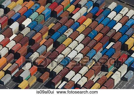 Stock Image - Aerial view of angled multi color cargo containers, Port Melbourne, Melbourne, Victoria, Australia. Fotosearch