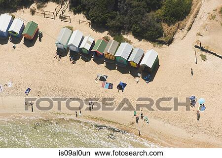 Picture - Aerial view of beach huts and holiday makers, Port Melbourne, Victoria, Australia. Fotosearch