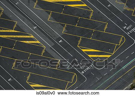 Stock Image - Aerial view of empty truck parking lot, Port Melbourne, Melbourne, Victoria, Australia. Fotosearch