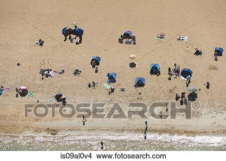 Picture - Aerial view of holiday makers on Brighton beach, Melbourne, Victoria, Australia. Fotosearch