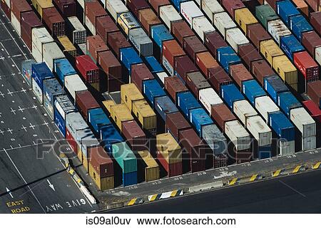Aerial view of multi colored stacked cargo containers, Port Melbourne, Melbourne, Victoria, Australia View Large Photo Image Stock Photo - Aerial view of multi colored stacked cargo containers, Port Melbourne, Melbourne, Victoria, Australia. Fotosearch