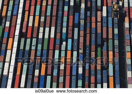 Stock Image - Aerial view of rows cargo containers, Port Melbourne, Melbourne, Victoria, Australia. Fotosearch