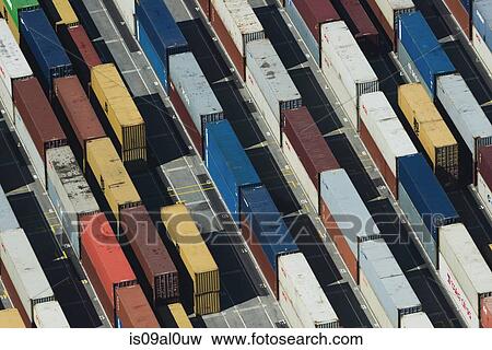 Aerial view of stacked cargo containers, Port Melbourne, Melbourne, Victoria, Australia View Large Photo Image Stock Photo - Aerial view of stacked cargo containers, Port Melbourne, Melbourne, Victoria, Australia. Fotosearch