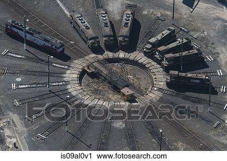 Stock Image - Aerial view of trains on turntable, Port Melbourne, Melbourne, Victoria, Australia. Fotosearch