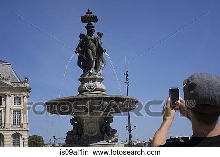 Picture - Man taking photograph, Place de la Bourse (Place Royale), Bordeaux, France. Fotosearch