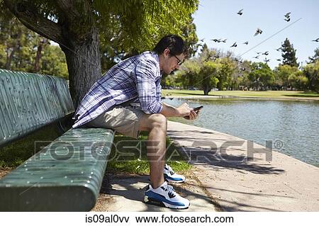 Stock Photo - Man using phone on park bench. Fotosearch