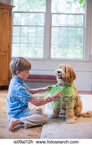 Young boy playing dress up with pet dog View Large Photo Image Stock Image - Young boy playing dress up with pet dog. Fotosearch