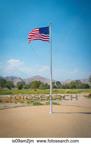 Picture - American flag outside visitor center, Lone Pine, Inyo County, Onyx, California, USA. Fotosearch