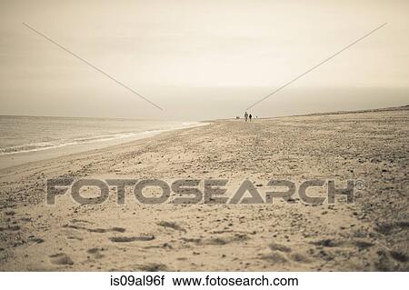 Stock Image - Distant view of two people strolling on beach, Truro, Massachusetts, Cape Cod, USA. Fotosearch