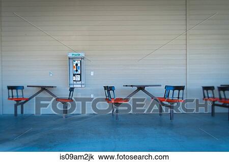 Stock Image - Empty tables at sidewalk cafe, Lone Pine, Inyo County, Onyx, California, USA. Fotosearch