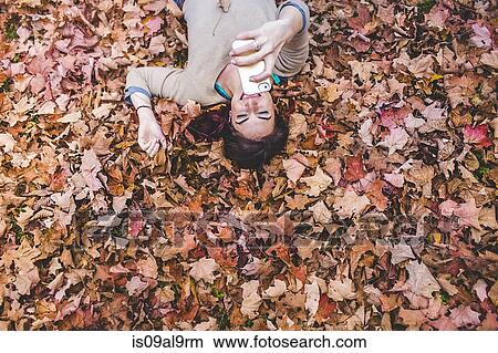 Overhead view of young woman lying on autumn leaves taking selfie on smartphone View Large Photo Image Picture - Overhead view of young woman lying on autumn leaves taking selfie on smartphone. Fotosearch
