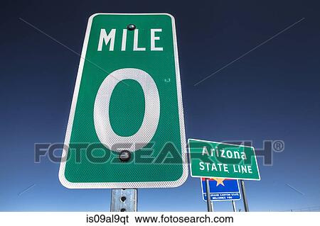 Stock Photograph - Road signs and blue sky, Arizona State Line, USA. Fotosearch