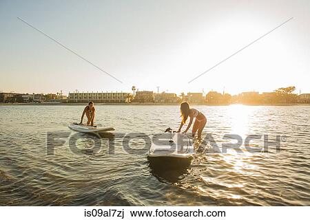 Stock Image - Two women pushing paddleboards at sunset, Mission Bay, San Diego, California, USA. Fotosearch