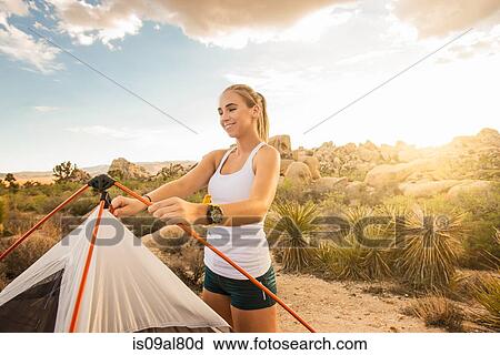 Stock Image - Woman setting up tent, Joshua Tree National Park, California, US. Fotosearch