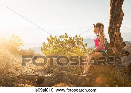Woman taking break on mountain, Joshua Tree National Park, California, US View Large Photo Image Stock Image - Woman taking break on mountain, Joshua Tree National Park, California, US. Fotosearch