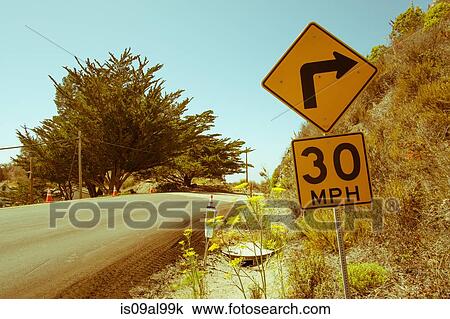 Yellow speed warning sign, highway 1, Big Sur, California, USA View Large Photo Image Stock Image - Yellow speed warning sign, highway 1, Big Sur, California, USA. Fotosearch
