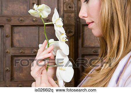 Stock Photography - A woman holding an orchid. Fotosearch