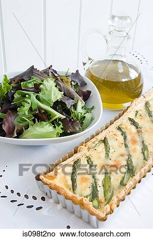 Picture - Asparagus quiche with salad and olive oil. Fotosearch