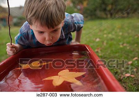 Stock Image - Boy blowing leaves on water. Fotosearch