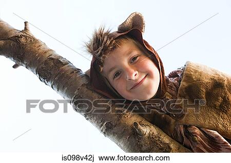 Boy dressed up as bear on tree branch View Large Photo Image Stock Image - Boy dressed up as bear on tree branch. Fotosearch
