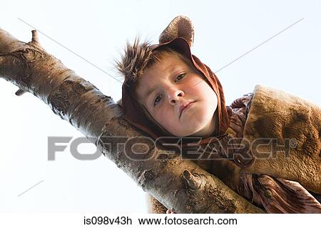 Stock Image - Boy dressed up as bear on tree branch. Fotosearch