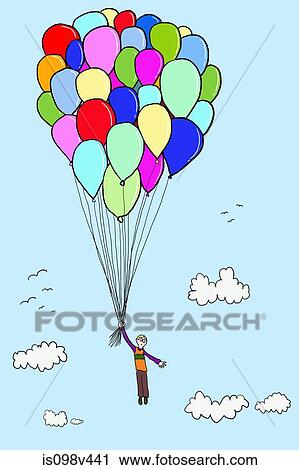 Stock Image - Boy floating with balloons, illustration. Fotosearch