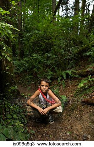 Stock Image - Boy in forest. Fotosearch