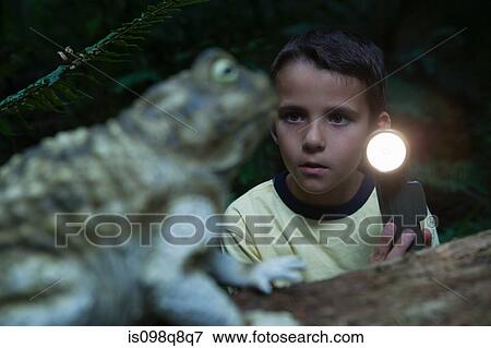 Stock Photo - Boy with torch and toad. Fotosearch