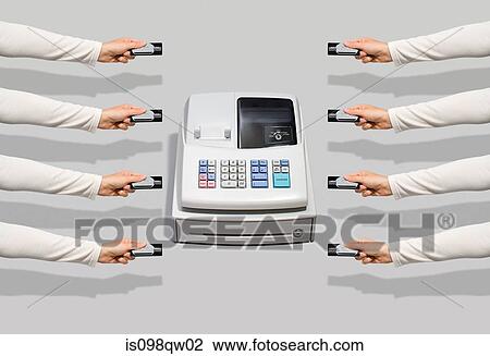 Cash register and people with credit cards View Large Photo Image Stock Image - Cash register and people with credit cards. Fotosearch