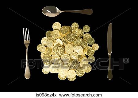 Coins and cutlery View Large Photo Image Stock Photo - Coins and cutlery. Fotosearch
