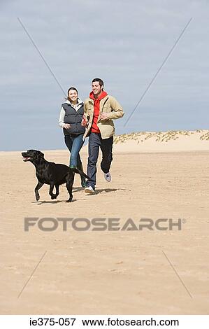 Couple running on beach with dog View Large Photo Image Stock Photo - Couple running on beach with dog. Fotosearch
