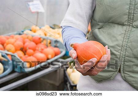 Stock Image - Farmer holding pumpkin. Fotosearch