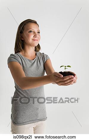 Girl holding plant View Large Photo Image Stock Image - Girl holding plant. Fotosearch