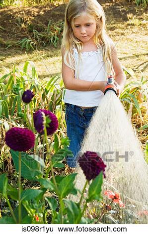 Stock Photograph - Girl watering flowers. Fotosearch