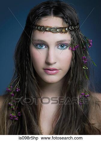 Girl with flowers in hair View Large Photo Image Stock Photography - Girl with flowers in hair. Fotosearch