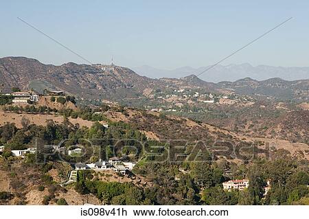 Stock Image - Hollywood Hills and Downtown LA, Los Angeles County, California, USA. Fotosearch