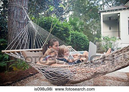Mother and daughters on hammock with laptop View Large Photo Image Stock Image - Mother and daughters on hammock with laptop. Fotosearch