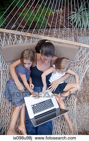 Mother and daughters on hammock with laptop View Large Photo Image Stock Image - Mother and daughters on hammock with laptop. Fotosearch