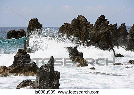 Stock Photo - Sea and black lava rocks, Los Hervideros, Lanzarote. Fotosearch