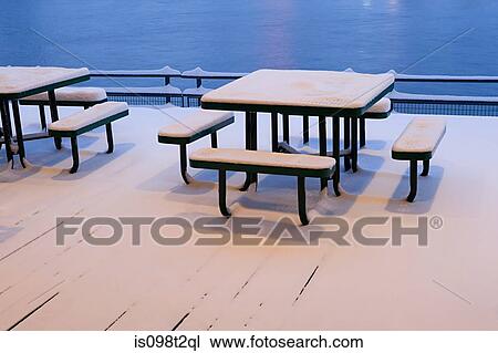 Snow covered tables and benches View Large Photo Image Stock Image - Snow covered tables and benches. Fotosearch