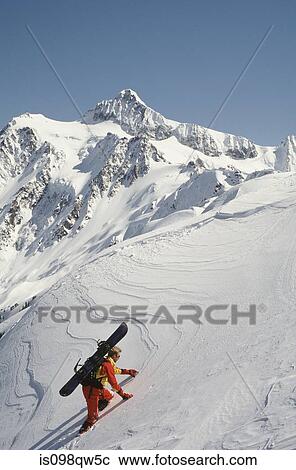 Stock Image - Snowboarder on mount shuksan. Fotosearch