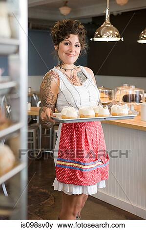 Stock Photo - Waitress with a tray. Fotosearch