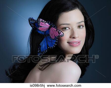 Woman with butterflies in hair View Large Photo Image Stock Image - Woman with butterflies in hair. Fotosearch